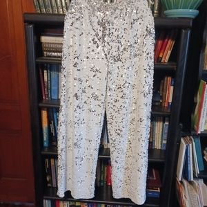 White and Silver Glitter Wide-Leg Pant